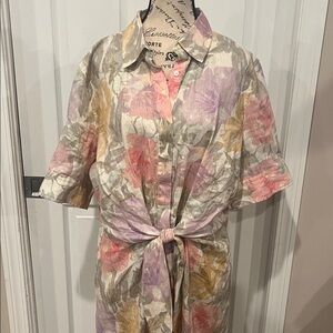 Lauren by Ralph Lauren, tie-front linen dress, cream and pink floral, size 14